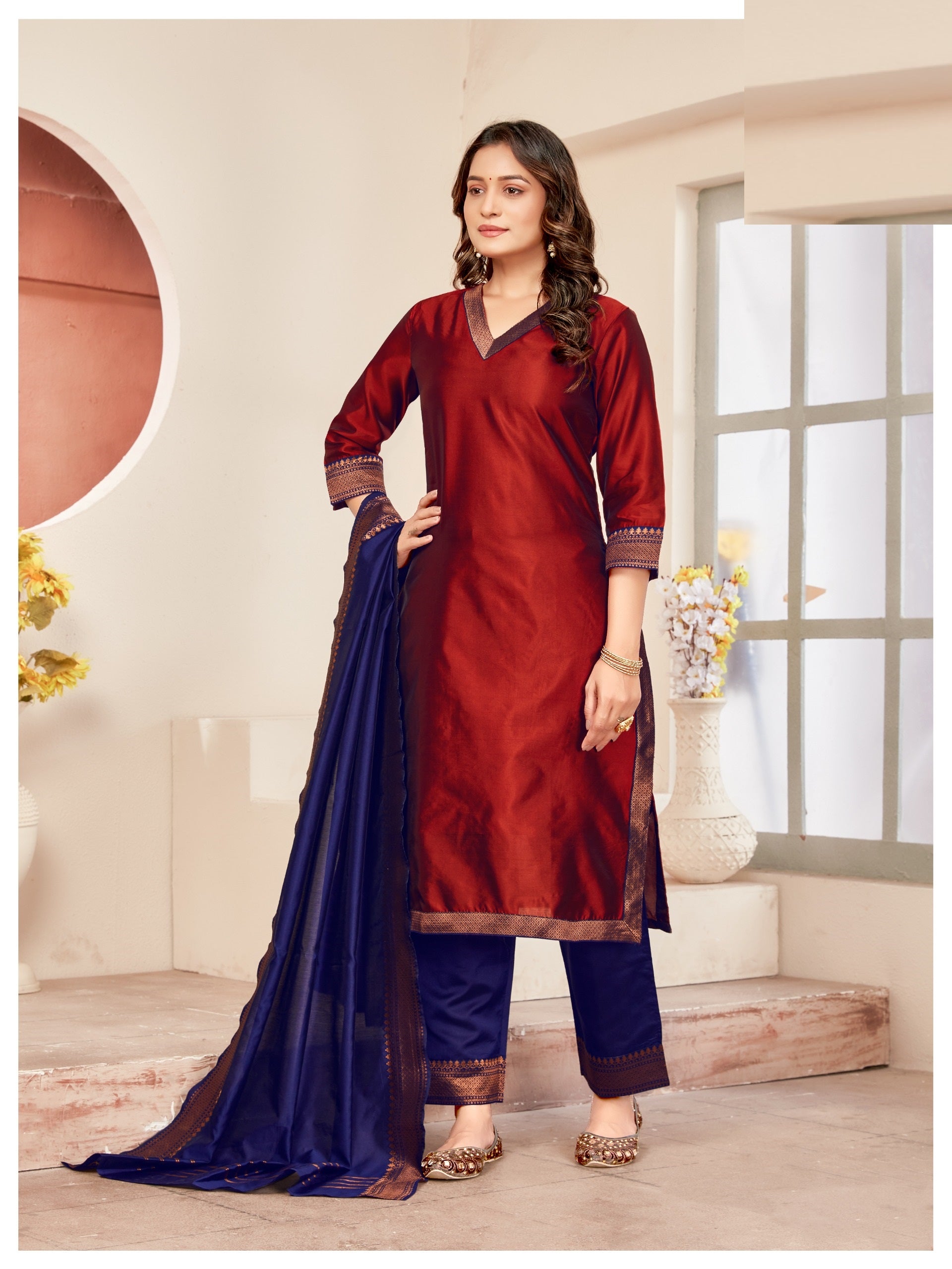 TNISHA Maroon and Navy Blue Silk Salwar Suits