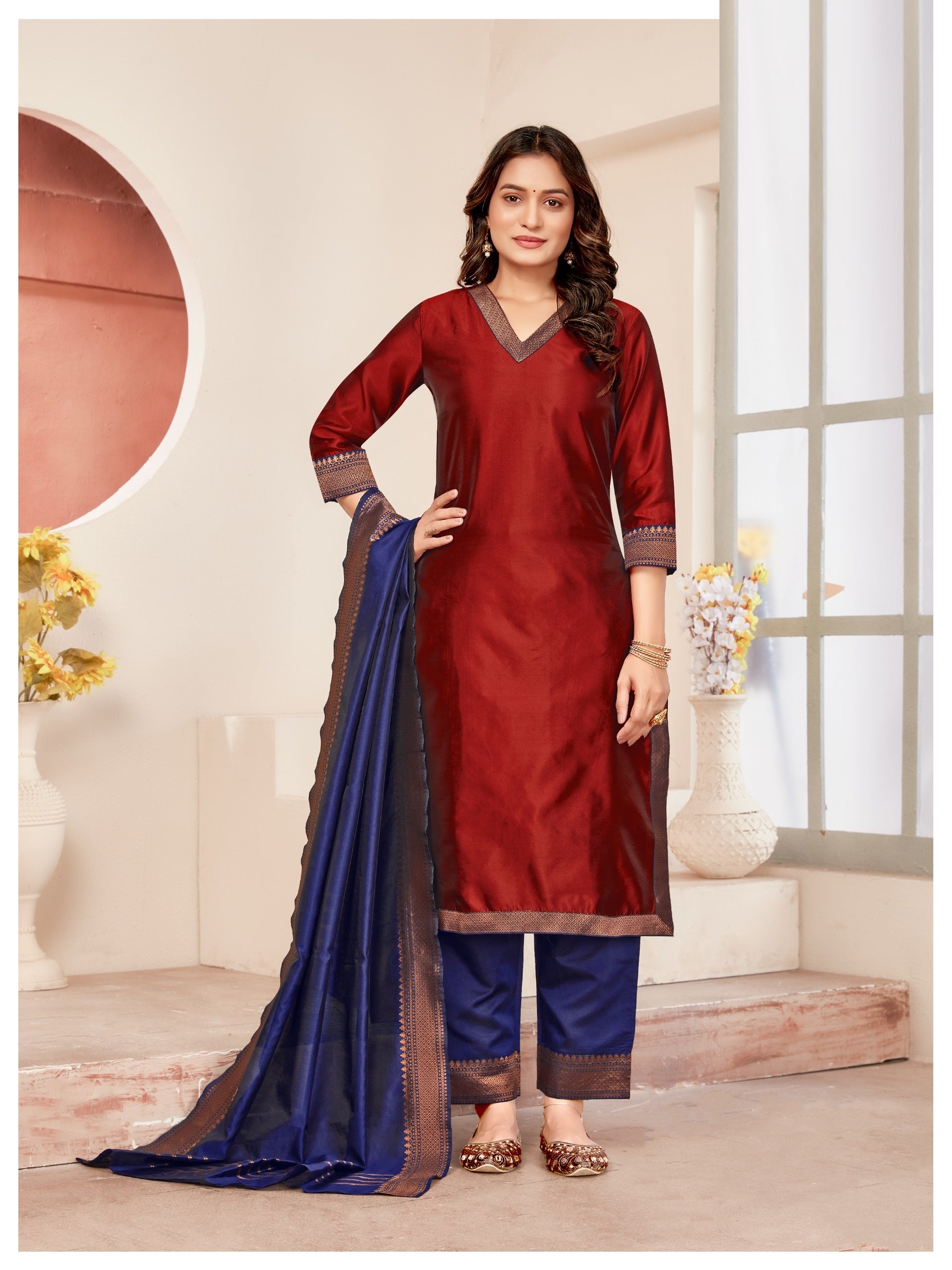 TNISHA Maroon and Navy Blue Silk Salwar Suits