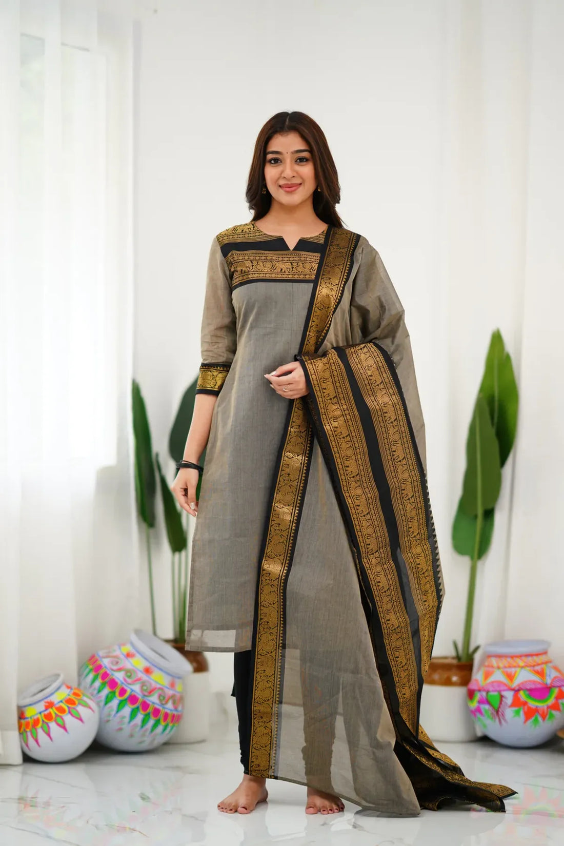 Tnisha Ash Grey Silk Salwar Suits