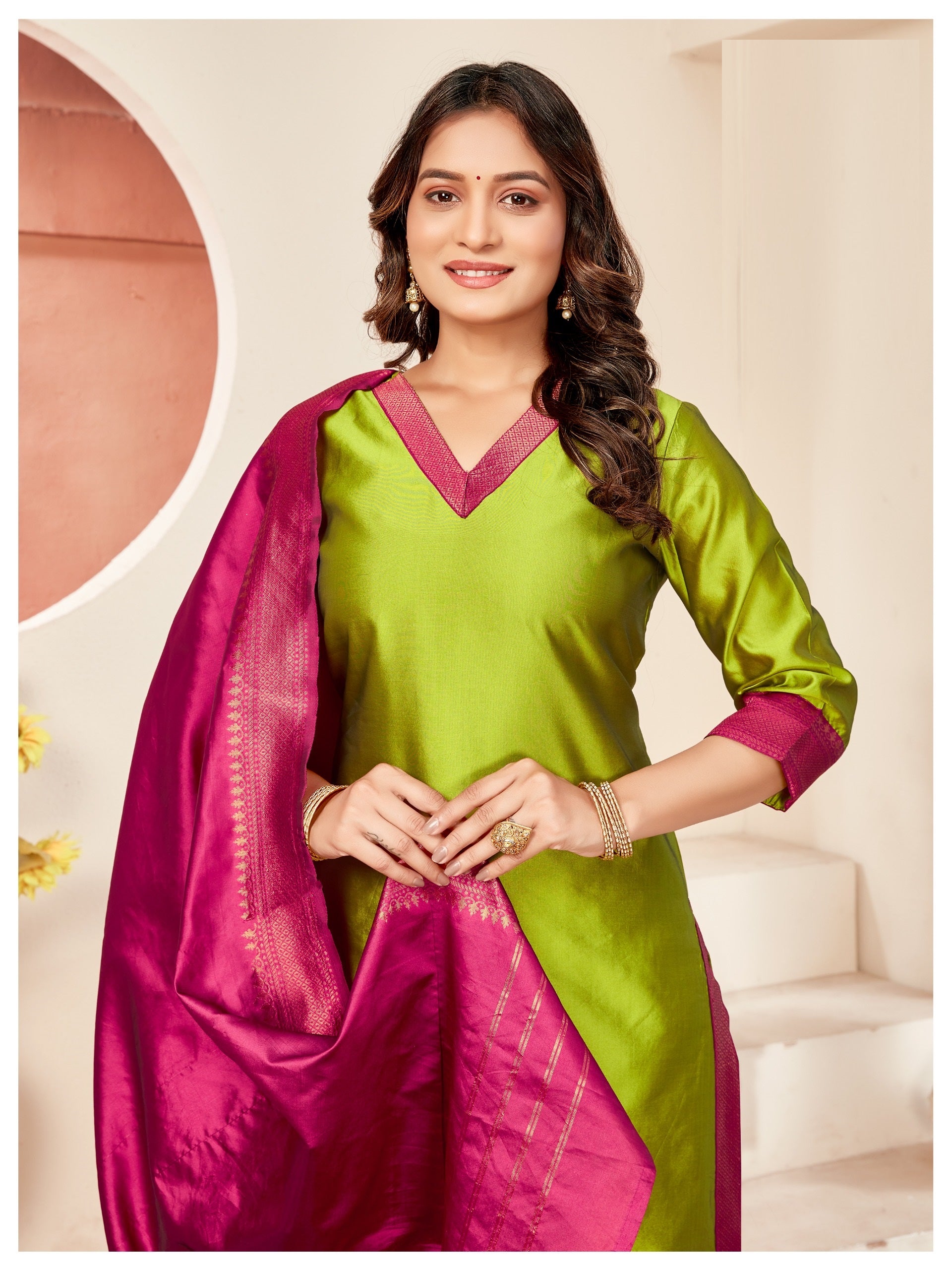 TNISHA Light Green and Pink Silk Salwar Suits