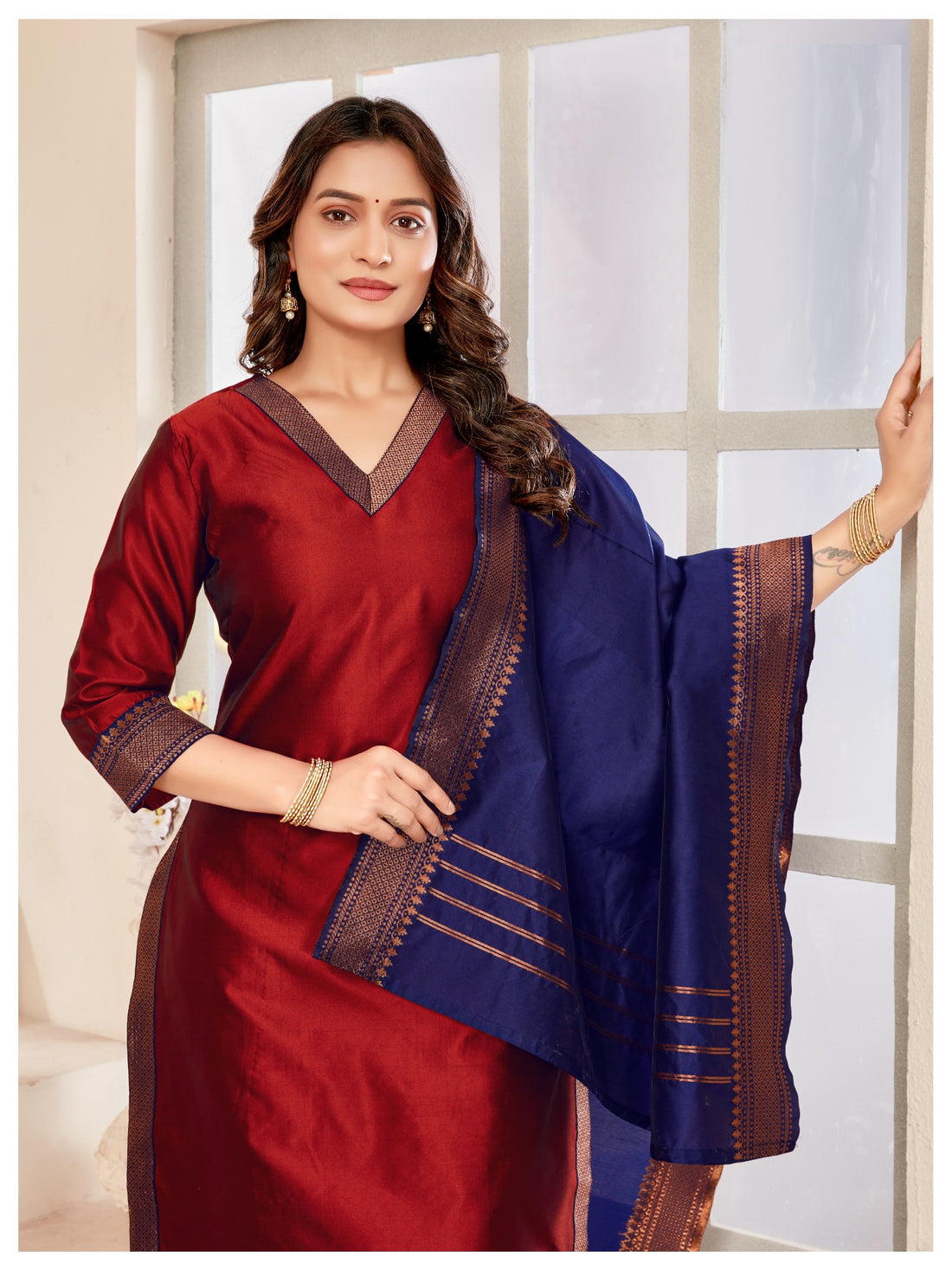 TNISHA Maroon and Navy Blue Silk Salwar Suits
