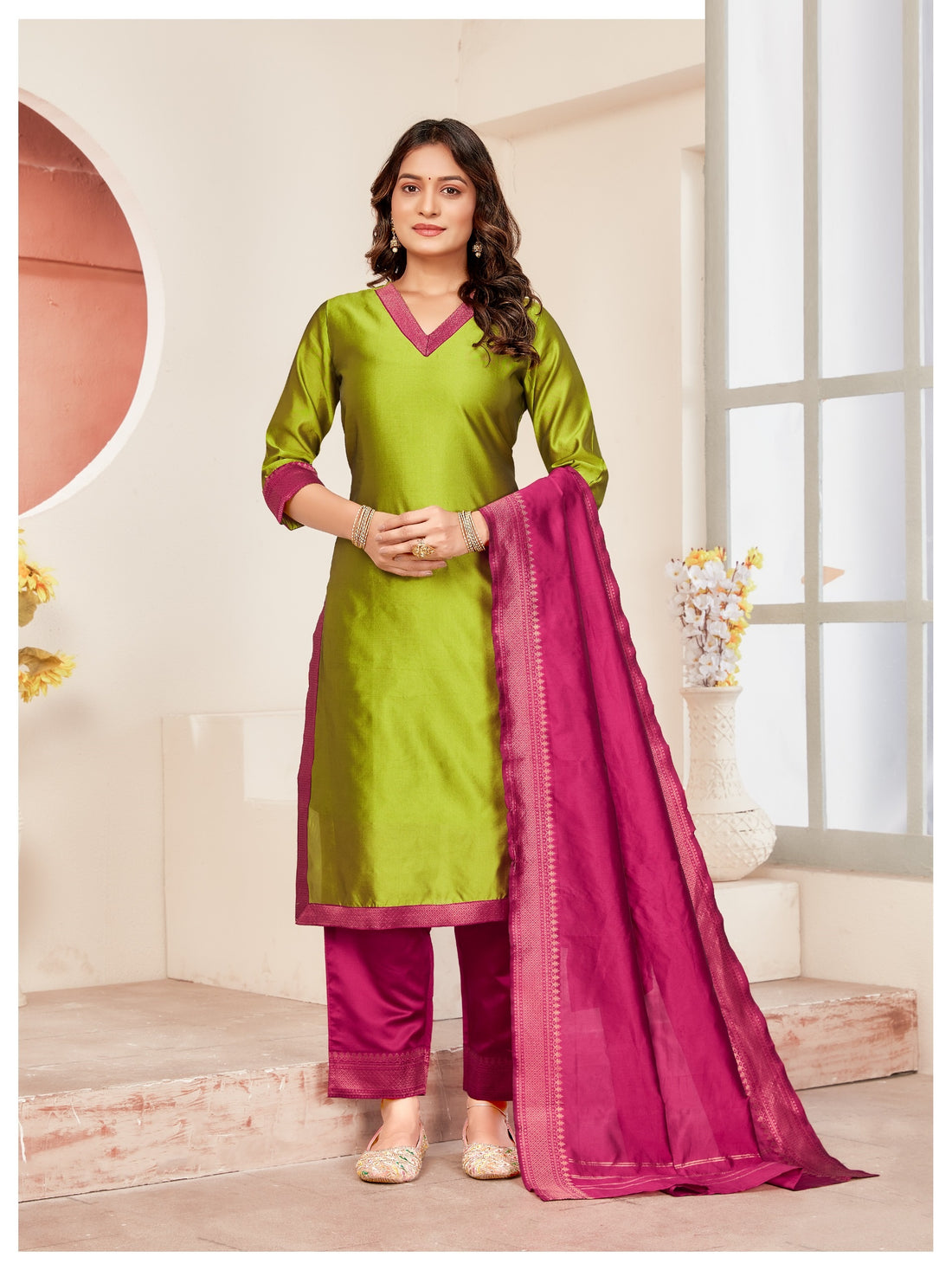 TNISHA Light Green and Pink Silk Salwar Suits