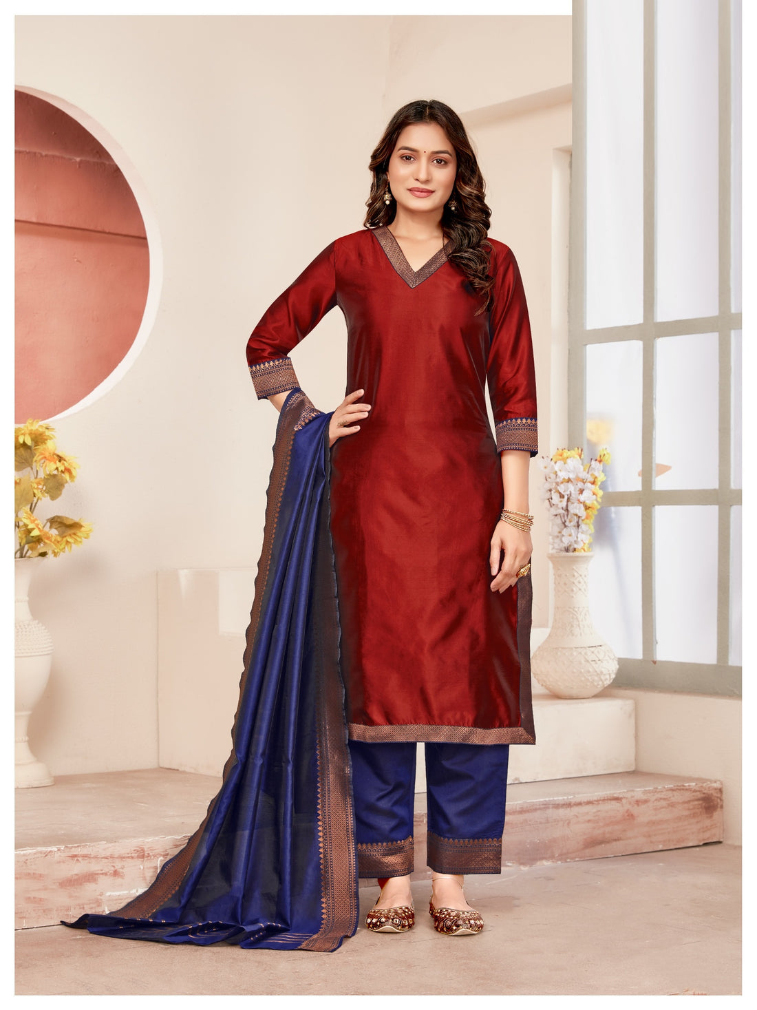 TNISHA Maroon and Navy Blue Silk Salwar Suits