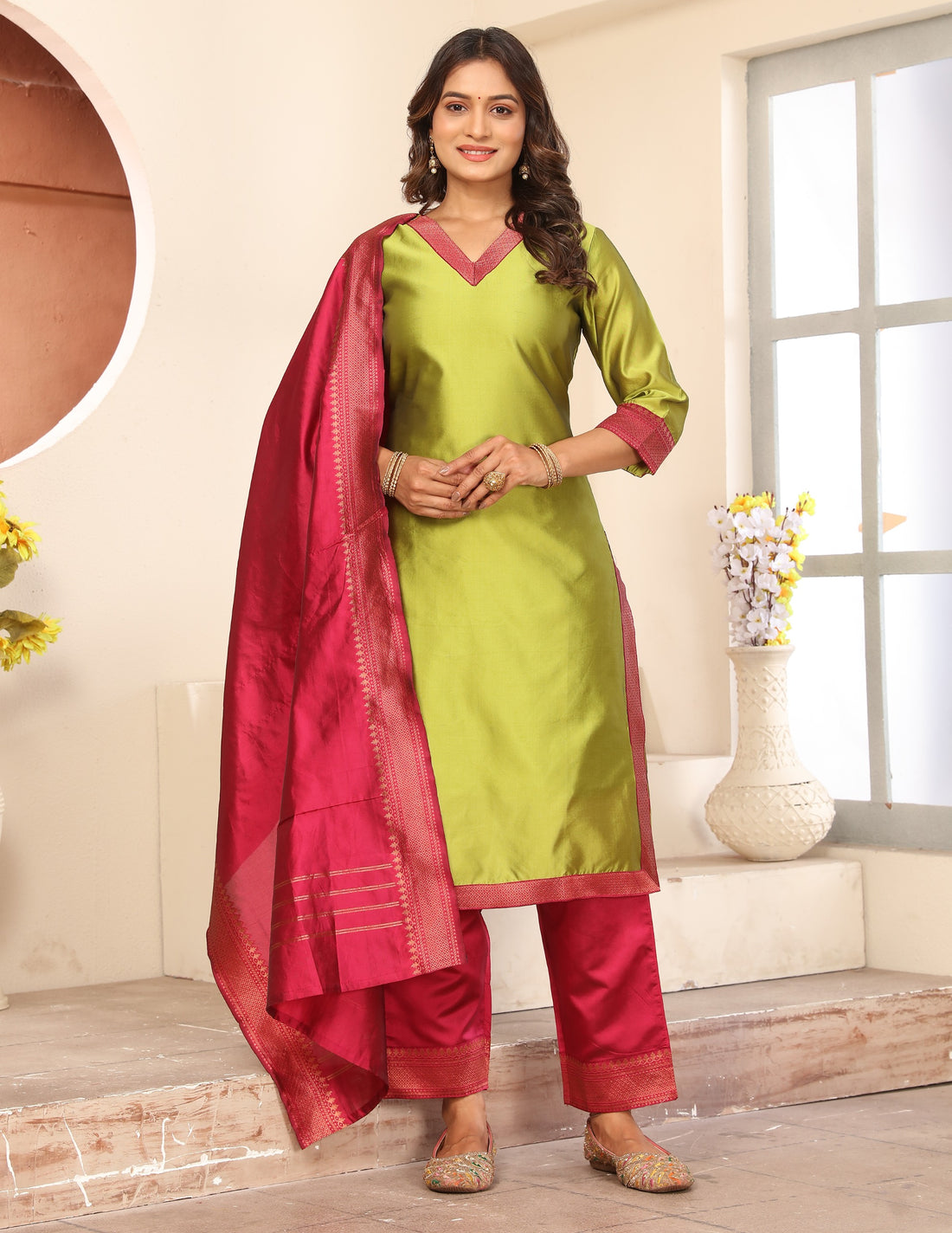 TNISHA Light Green and Pink Silk Salwar Suits