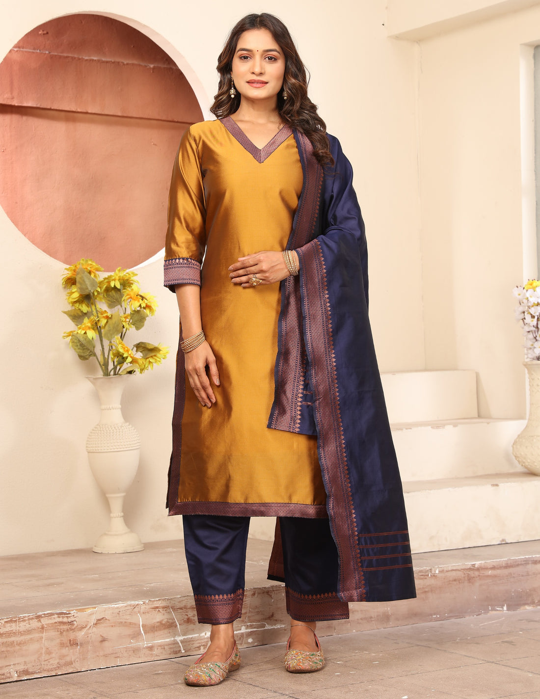 Tnisha Orange and Nevy Blue Silk Salwar Suits
