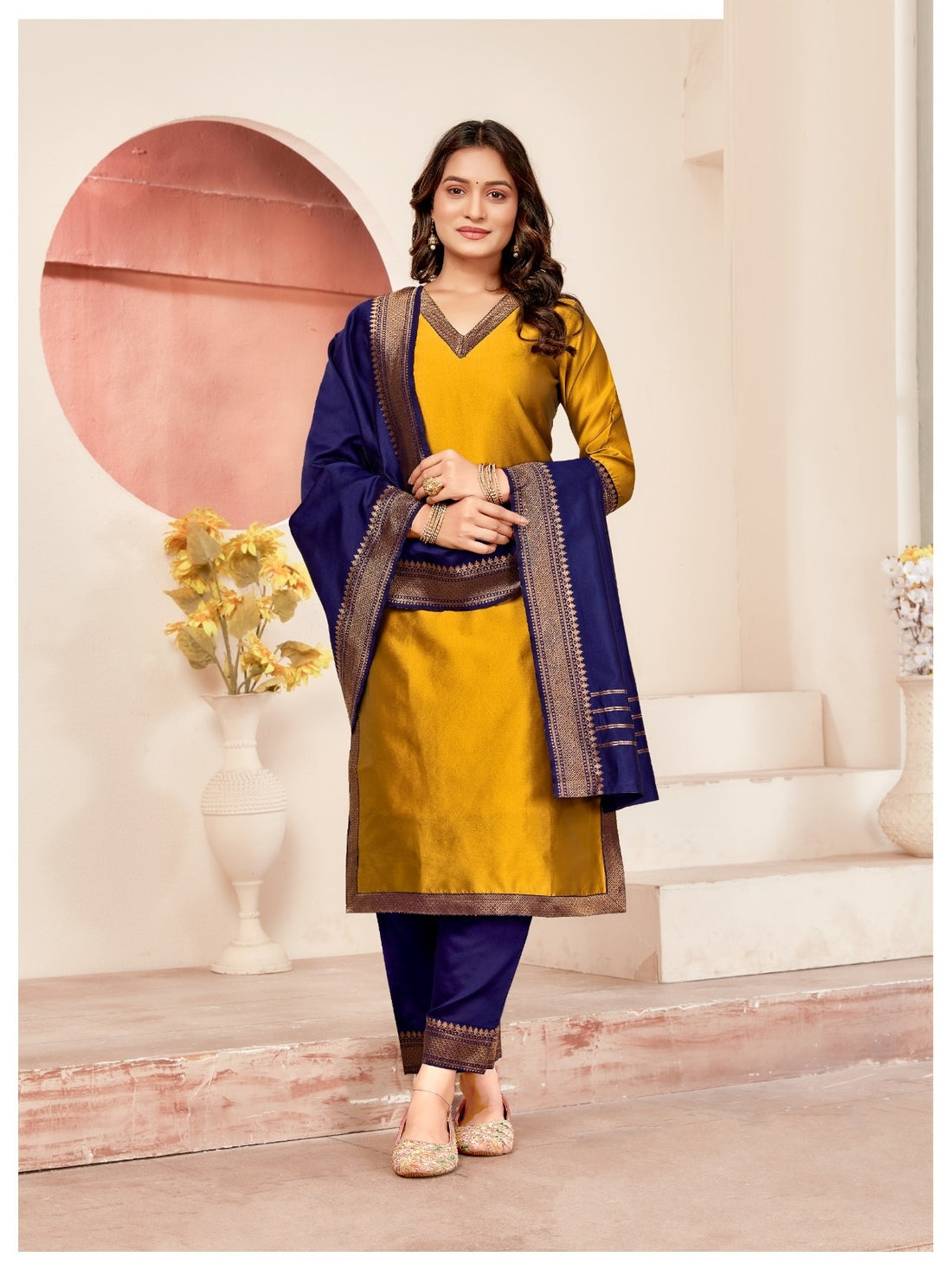 Tnisha Orange and Nevy Blue Silk Salwar Suits