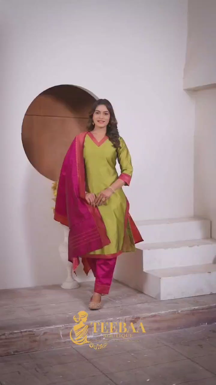 TNISHA Light Green and Pink Silk Salwar Suits
